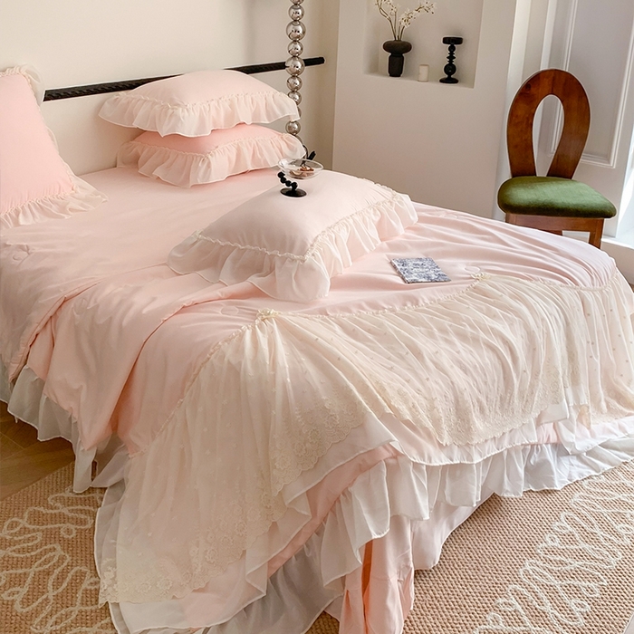 91家纺网 家纺一手货源 找家纺 吾欢心 2026新款A类法式花边爱丽莎夏被四件套 爱丽莎粉