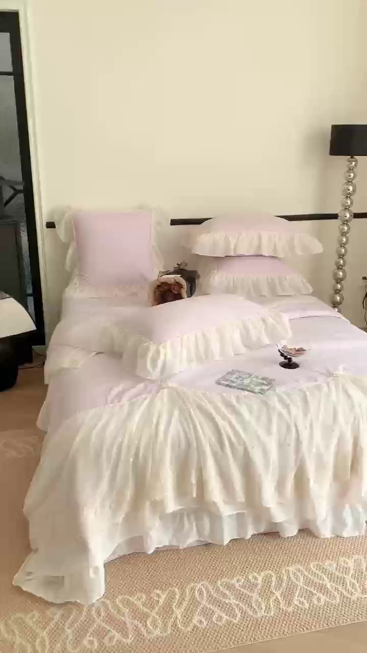 91家纺网 家纺一手货源 找家纺 吾欢心 2026新款A类法式花边爱丽莎夏被四件套 爱丽莎紫