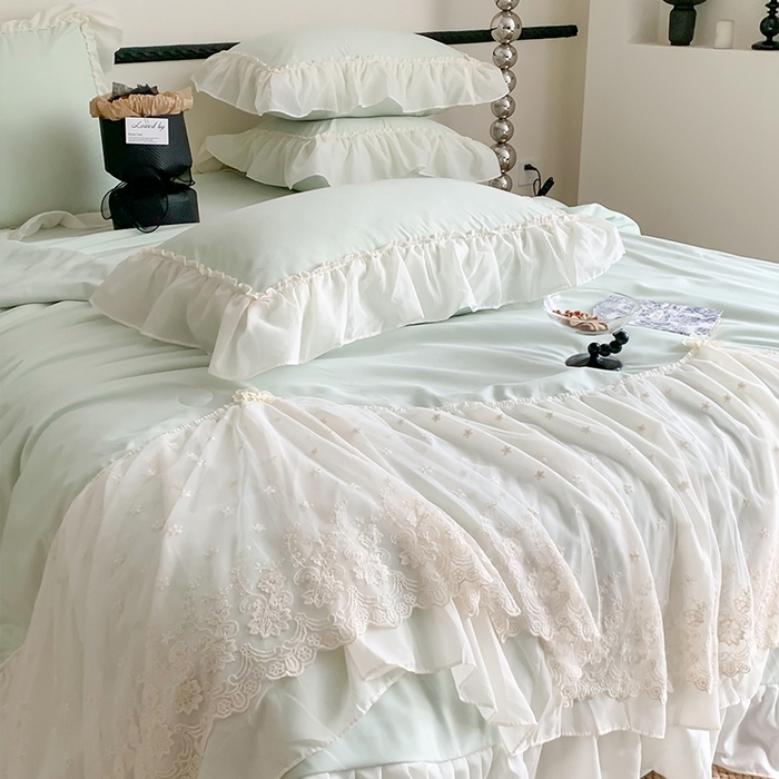 91家纺网 家纺一手货源 找家纺 吾欢心 2026新款A类法式花边爱丽莎夏被四件套 爱丽莎绿