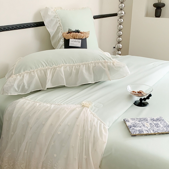 91家纺网 家纺一手货源 找家纺 吾欢心 2026新款A类法式花边爱丽莎夏被四件套 爱丽莎绿