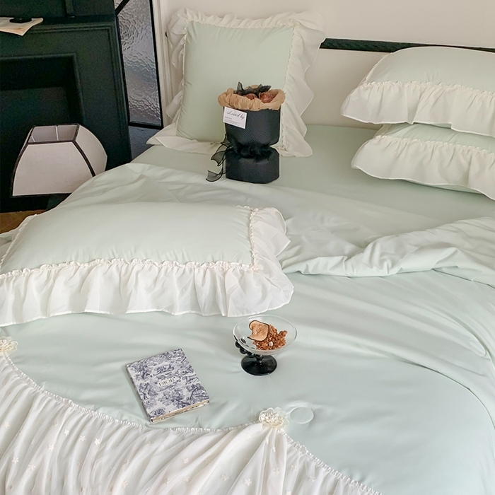 91家纺网 家纺一手货源 找家纺 吾欢心 2026新款A类法式花边爱丽莎夏被四件套 爱丽莎绿