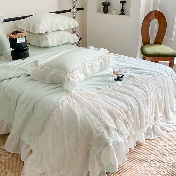 91家纺网 家纺一手货源 找家纺 吾欢心 2026新款A类法式花边爱丽莎夏被四件套 爱丽莎绿