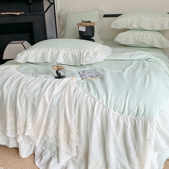 91家纺网 家纺一手货源 找家纺 吾欢心 2026新款A类法式花边爱丽莎夏被四件套 爱丽莎绿