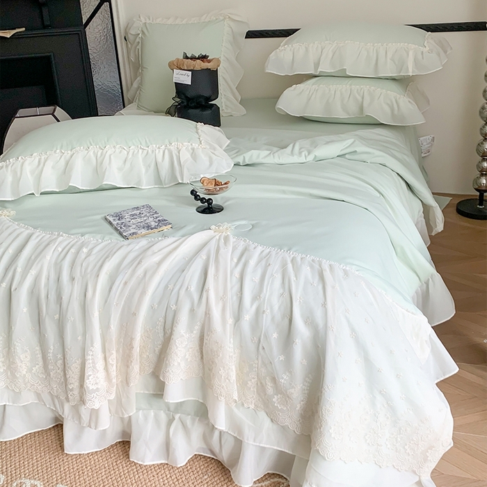 91家纺网 家纺一手货源 找家纺 吾欢心 2026新款A类法式花边爱丽莎夏被四件套 爱丽莎绿