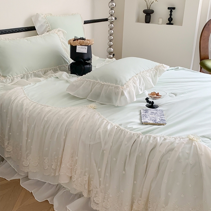 91家纺网 家纺一手货源 找家纺 吾欢心 2026新款A类法式花边爱丽莎夏被四件套 爱丽莎绿