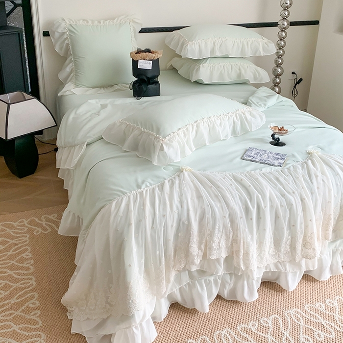 91家纺网 家纺一手货源 找家纺 吾欢心 2026新款A类法式花边爱丽莎夏被四件套 爱丽莎绿