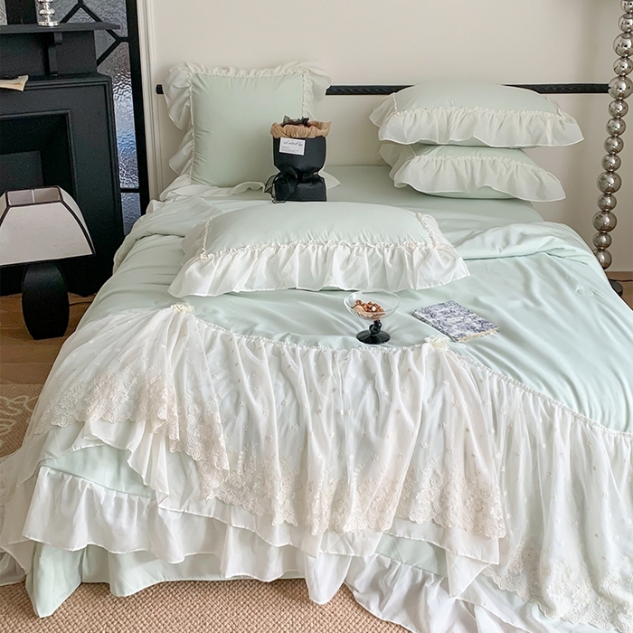 91家纺网 家纺一手货源 找家纺 吾欢心 2026新款A类法式花边爱丽莎夏被四件套 爱丽莎绿