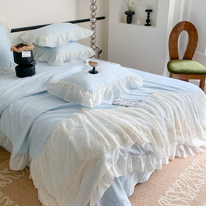 91家纺网 家纺一手货源 找家纺 吾欢心 2026新款A类法式花边爱丽莎夏被四件套 爱丽莎蓝
