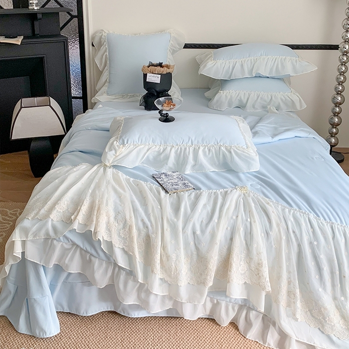 91家纺网 家纺一手货源 找家纺 吾欢心 2026新款A类法式花边爱丽莎夏被四件套 爱丽莎蓝