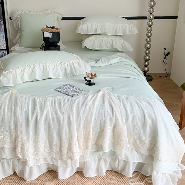 91家纺网 家纺一手货源 找家纺 吾欢心 2026新款A类法式花边爱丽莎夏被四件套 爱丽莎绿