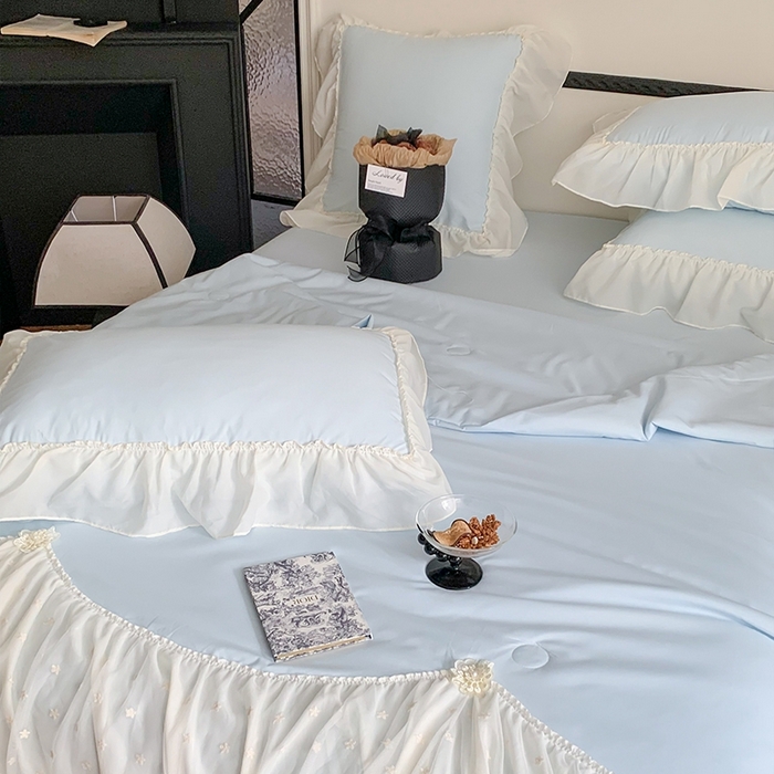 91家纺网 家纺一手货源 找家纺 吾欢心 2026新款A类法式花边爱丽莎夏被四件套 爱丽莎蓝