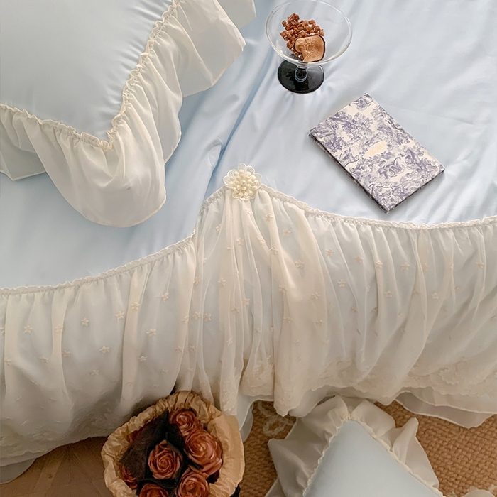 91家纺网 家纺一手货源 找家纺 吾欢心 2026新款A类法式花边爱丽莎夏被四件套 爱丽莎蓝