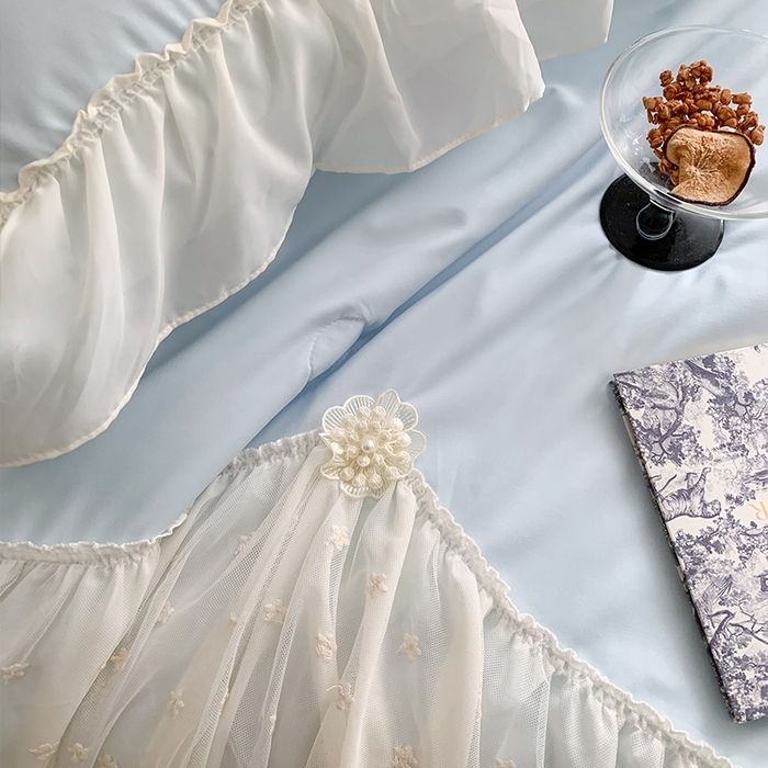 91家纺网 家纺一手货源 找家纺 吾欢心 2026新款A类法式花边爱丽莎夏被四件套 爱丽莎蓝