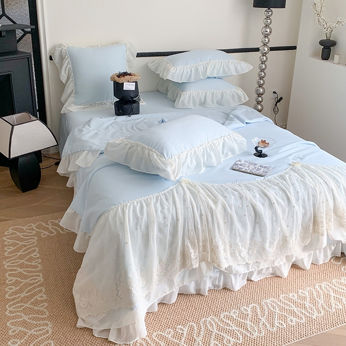 91家纺网 家纺一手货源 找家纺 吾欢心 2026新款A类法式花边爱丽莎夏被四件套 爱丽莎蓝