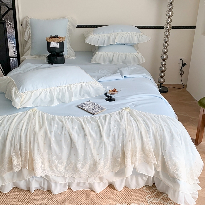 91家纺网 家纺一手货源 找家纺 吾欢心 2026新款A类法式花边爱丽莎夏被四件套 爱丽莎蓝