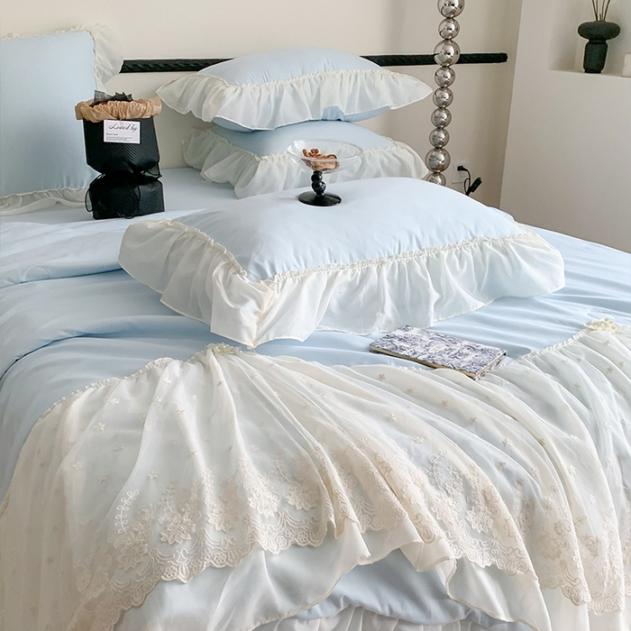 91家纺网 家纺一手货源 找家纺 吾欢心 2026新款A类法式花边爱丽莎夏被四件套 爱丽莎蓝