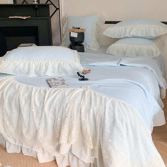 91家纺网 家纺一手货源 找家纺 吾欢心 2026新款A类法式花边爱丽莎夏被四件套 爱丽莎蓝