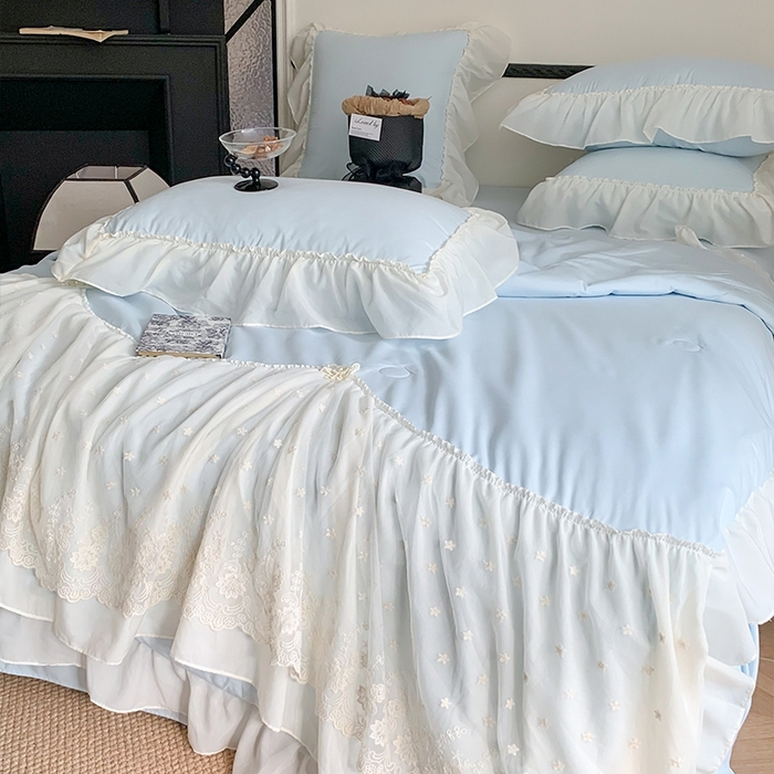 91家纺网 家纺一手货源 找家纺 吾欢心 2026新款A类法式花边爱丽莎夏被四件套 爱丽莎蓝