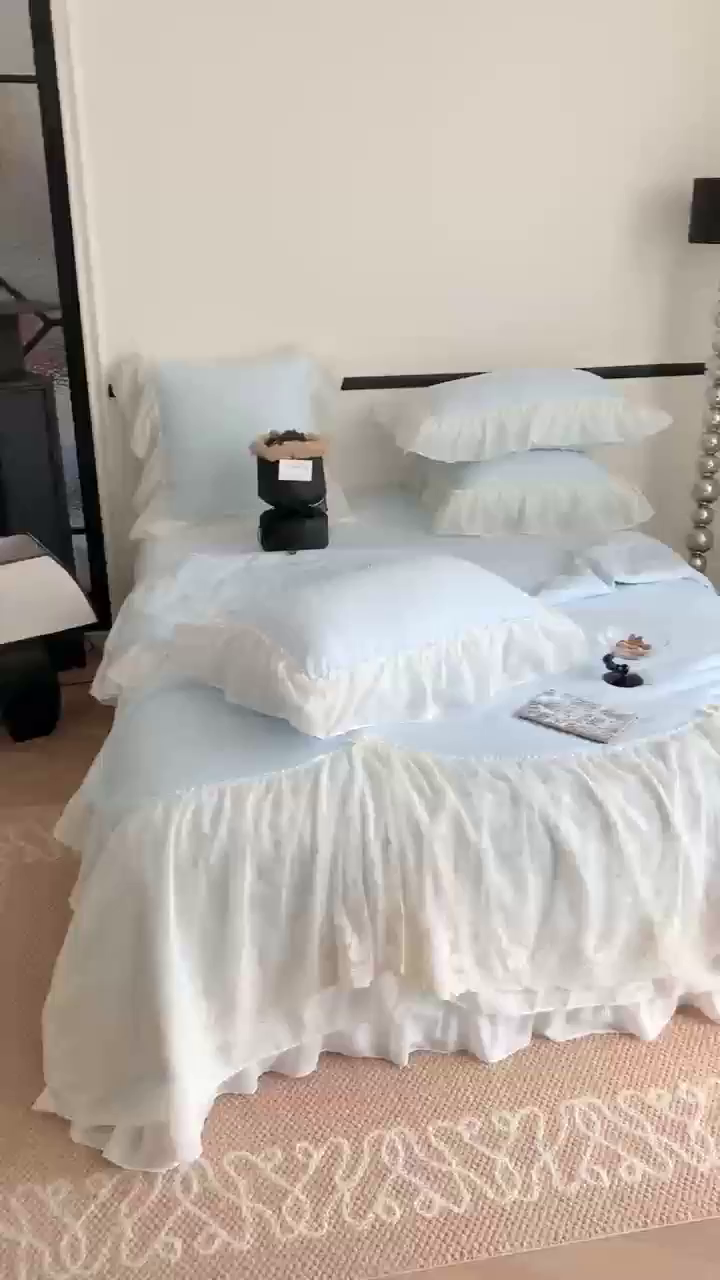 91家纺网 家纺一手货源 找家纺 吾欢心 2026新款A类法式花边爱丽莎夏被四件套 爱丽莎蓝