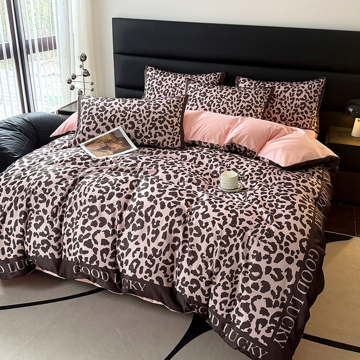 91家纺网 家纺一手货源 找家纺 摩卡（乐趣） 2026新款豹纹水洗真丝款四件套 豹纹-粉