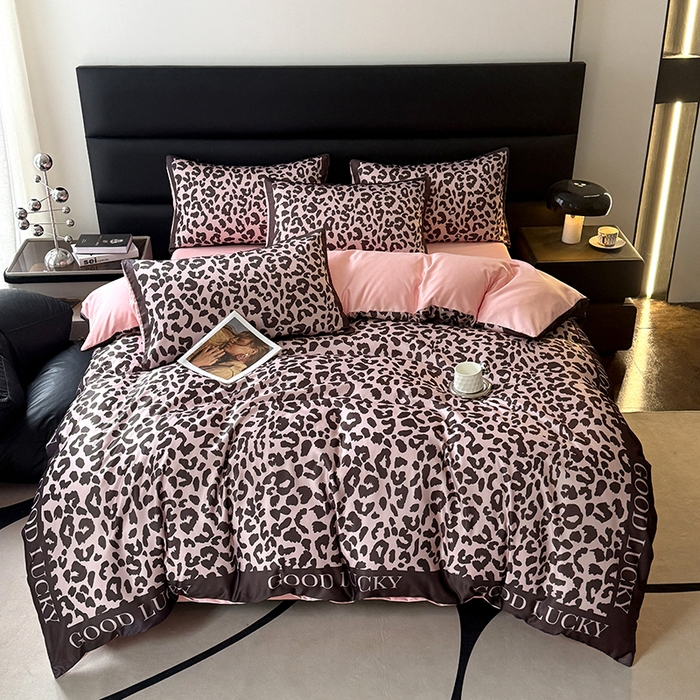 91家纺网 家纺一手货源 找家纺 摩卡（乐趣） 2026新款豹纹水洗真丝款四件套 豹纹-粉