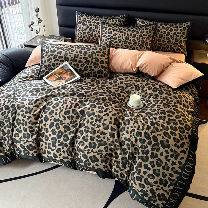 91家纺网 家纺一手货源 找家纺 摩卡（乐趣） 2026新款豹纹水洗真丝款四件套 豹纹-咖