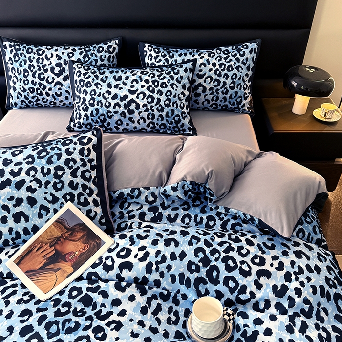 91家纺网 家纺一手货源 找家纺 摩卡（乐趣） 2026新款豹纹水洗真丝款四件套 豹纹-蓝