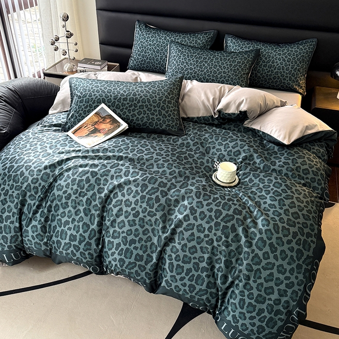 91家纺网 家纺一手货源 找家纺 摩卡（乐趣） 2026新款豹纹水洗真丝款四件套 豹纹-绿