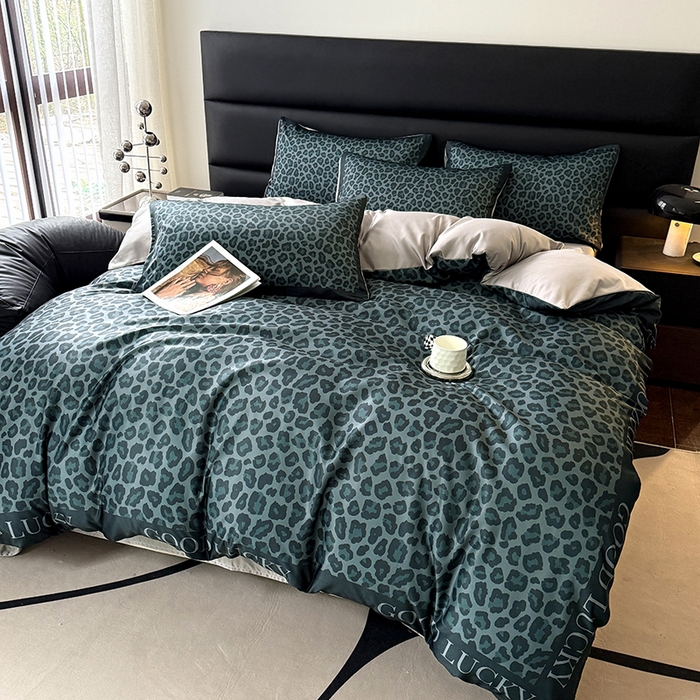 91家纺网 家纺一手货源 找家纺 摩卡（乐趣） 2026新款豹纹水洗真丝款四件套 豹纹-绿