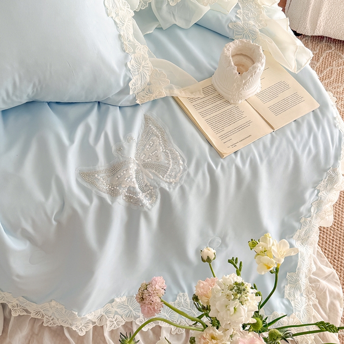 91家纺网 家纺一手货源 找家纺 吾欢心 2026新款糯小棉蝶恋花床盖款夏被四件套 蓝