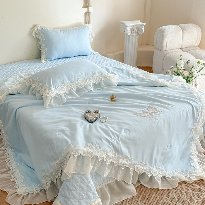 91家纺网 家纺一手货源 找家纺 吾欢心 2026新款糯小棉蝶恋花床盖款夏被四件套 蓝