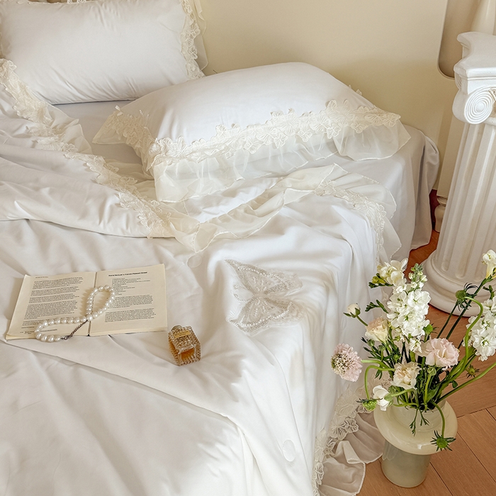 91家纺网 家纺一手货源 找家纺 吾欢心 2026新款糯小棉蝶恋花床盖款夏被四件套 白