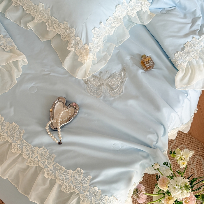 91家纺网 家纺一手货源 找家纺 吾欢心 2026新款糯小棉蝶恋花床盖款夏被四件套 蓝