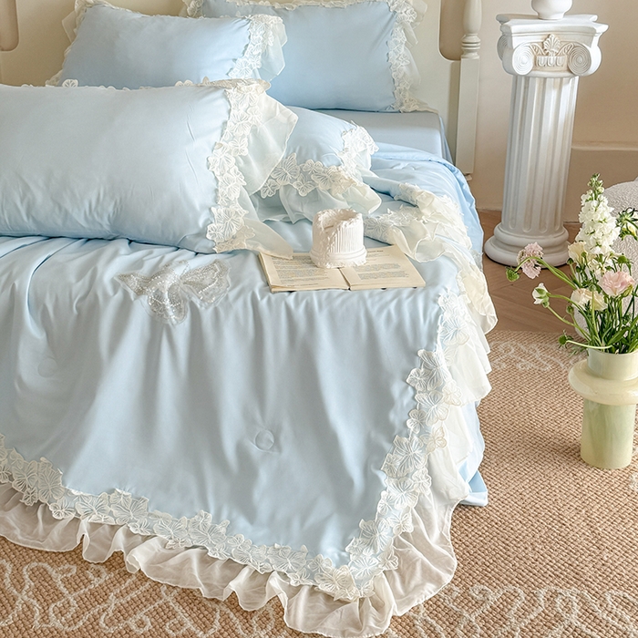 91家纺网 家纺一手货源 找家纺 吾欢心 2026新款糯小棉蝶恋花床盖款夏被四件套 蓝