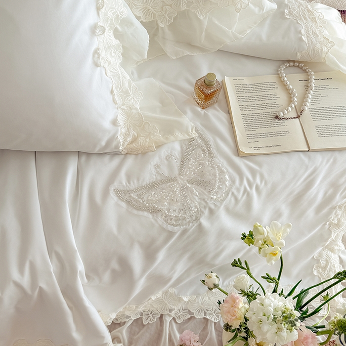 91家纺网 家纺一手货源 找家纺 吾欢心 2026新款糯小棉蝶恋花床盖款夏被四件套 白