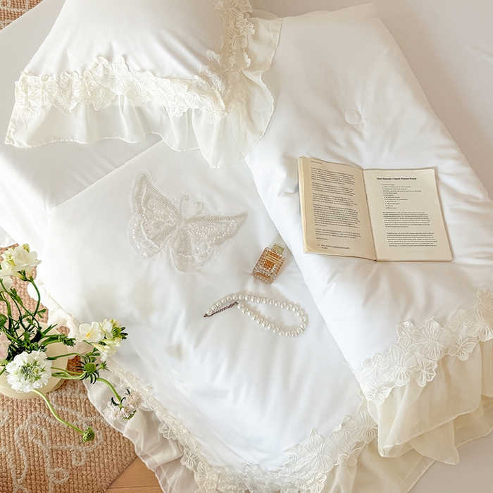 91家纺网 家纺一手货源 找家纺 吾欢心 2026新款糯小棉蝶恋花床盖款夏被四件套 白