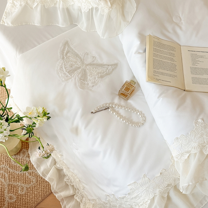 91家纺网 家纺一手货源 找家纺 吾欢心 2026新款糯小棉蝶恋花床盖款夏被四件套 白