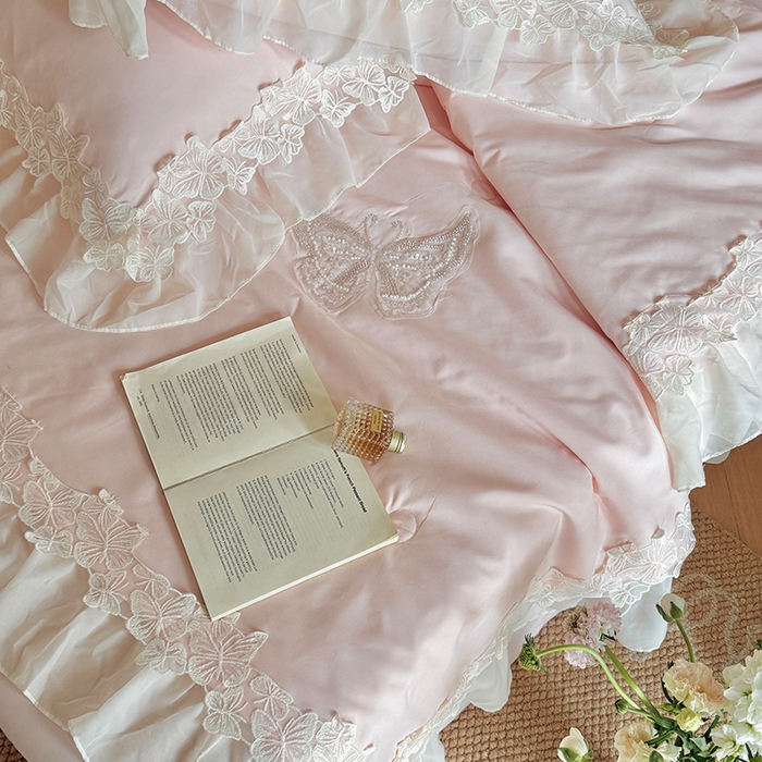 91家纺网 家纺一手货源 找家纺 吾欢心 2026新款糯小棉蝶恋花床盖款夏被四件套 粉