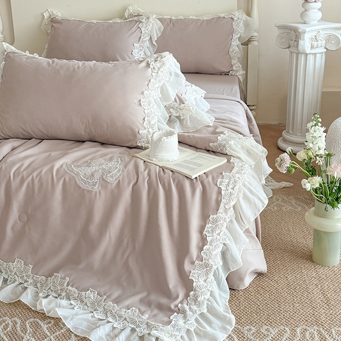 91家纺网 家纺一手货源 找家纺 吾欢心 2026新款糯小棉蝶恋花床盖款夏被四件套 咖