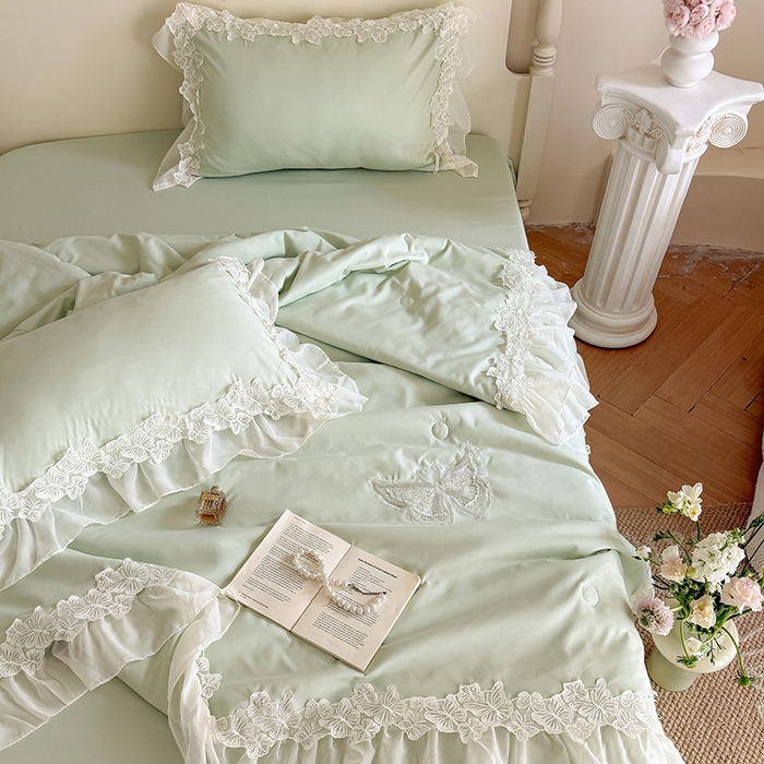 91家纺网 家纺一手货源 找家纺 吾欢心 2026新款糯小棉蝶恋花床盖款夏被四件套 绿