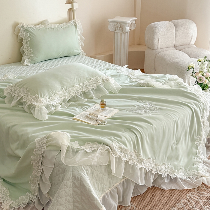 91家纺网 家纺一手货源 找家纺 吾欢心 2026新款糯小棉蝶恋花床盖款夏被四件套 绿