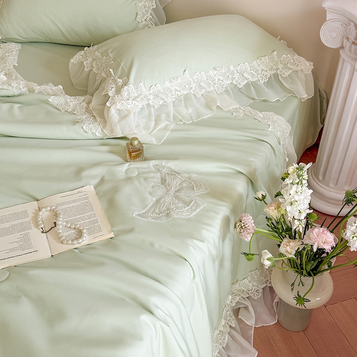 91家纺网 家纺一手货源 找家纺 吾欢心 2026新款糯小棉蝶恋花床盖款夏被四件套 绿