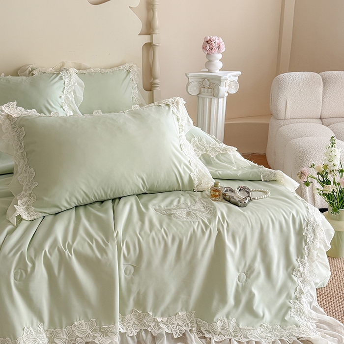 91家纺网 家纺一手货源 找家纺 吾欢心 2026新款糯小棉蝶恋花床盖款夏被四件套 绿