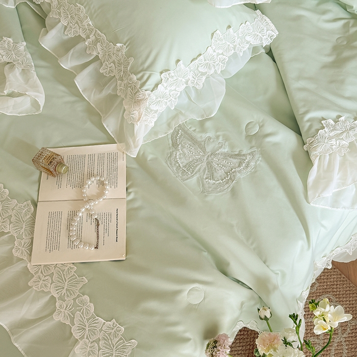 91家纺网 家纺一手货源 找家纺 吾欢心 2026新款糯小棉蝶恋花床盖款夏被四件套 绿