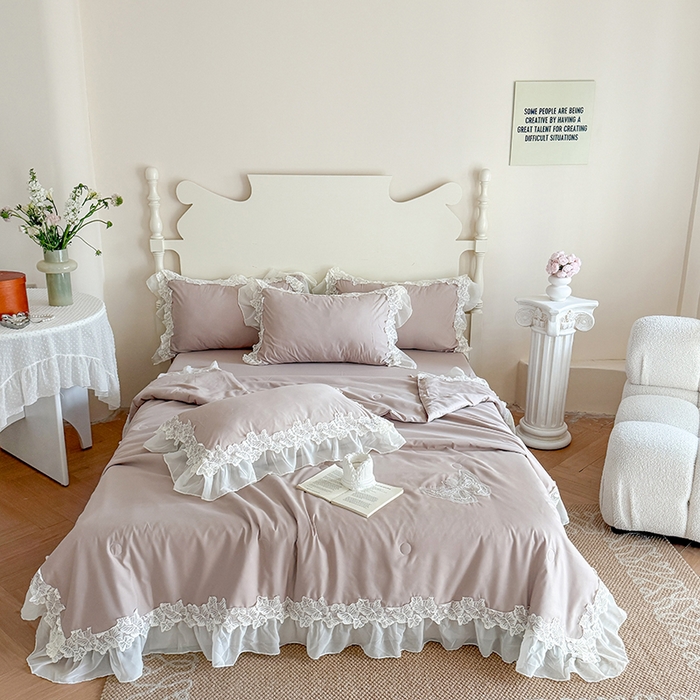 91家纺网 家纺一手货源 找家纺 吾欢心 2026新款糯小棉蝶恋花床盖款夏被四件套 咖