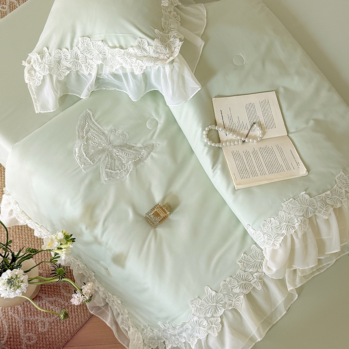 91家纺网 家纺一手货源 找家纺 吾欢心 2026新款糯小棉蝶恋花床盖款夏被四件套 绿