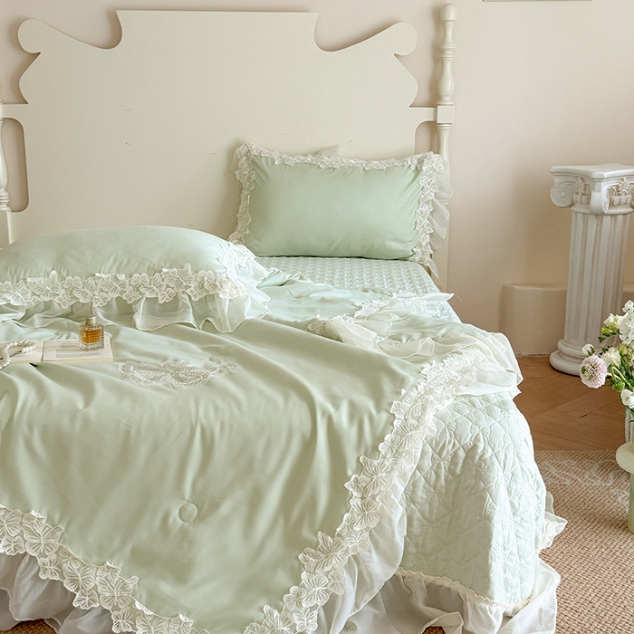 91家纺网 家纺一手货源 找家纺 吾欢心 2026新款糯小棉蝶恋花床盖款夏被四件套 绿