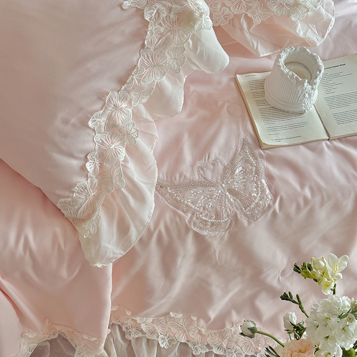 91家纺网 家纺一手货源 找家纺 吾欢心 2026新款糯小棉蝶恋花床盖款夏被四件套 粉