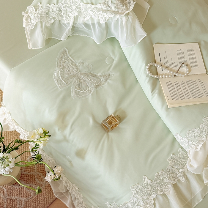 91家纺网 家纺一手货源 找家纺 吾欢心 2026新款糯小棉蝶恋花床盖款夏被四件套 绿