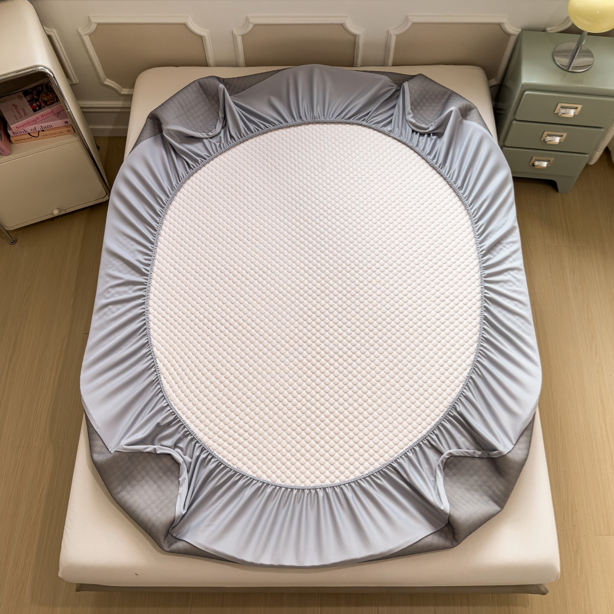 91家纺网 家纺一手货源 找家纺 卡初家居（原微来） 2026新款冰豆豆凉席刺绣款凉席席子-小熊饼干 芭蕾粉-床笠款